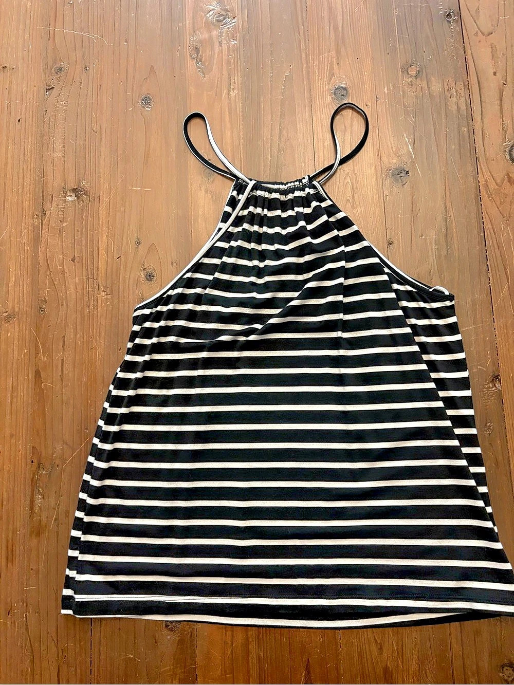 Cotton Emporium Black & White Striped High Neck Halter Tank Top - Large